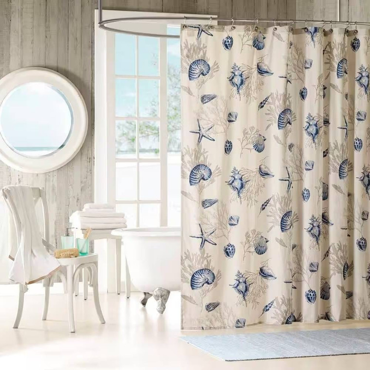 72-in Khaki Beige Cotton Shower Curtain Navy Blue Seashells Coral Coastal Beach Q280-NTBPSC33914587