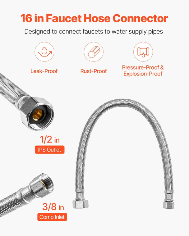 Faucet Hose Connector, 16-Inch Length, 3/8 Inch Comp x 1/2 Inch FIP 10-Pack Braided Stainless Steel E415-SLTLJQ16YC10S7BRZ001V0
