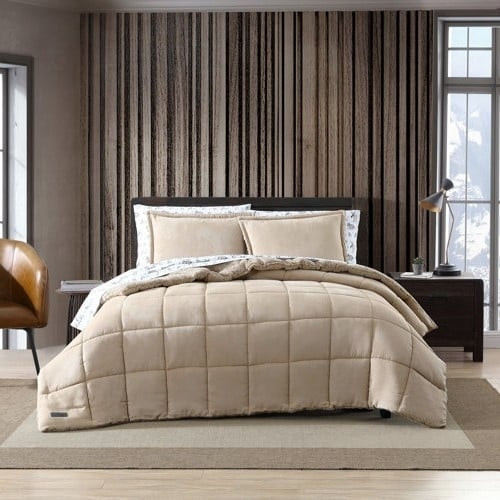 King Plush Sherpa Reversible Micro Suede Comforter Set in Beige Q280-BEKI1109