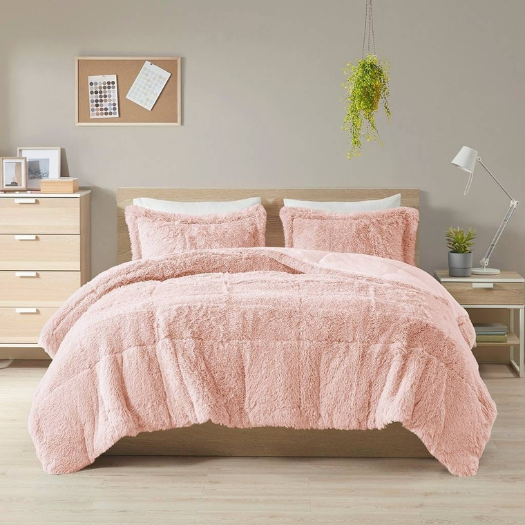 King/CAL King Pink Blush Soft Sherpa Faux Fur 3-Piece Comforter Set with Shams Q280-KNBLPCS89436762