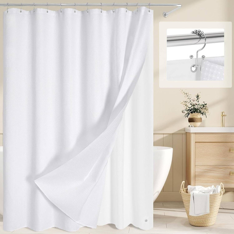 72"W x 78"H White Waffle Textured 3 in 1 Shower Curtain Set Q280-WHTDC1978