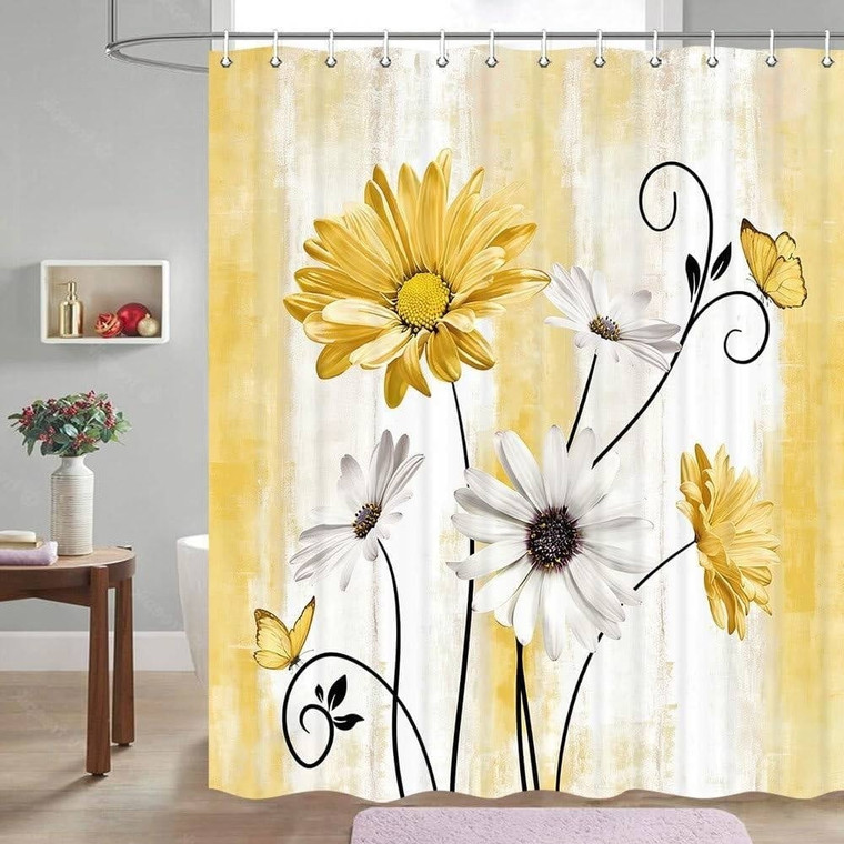 72"W x 78"H Yellow  Vibrant Floral Butterfly Polyester Shower Curtain Q280-YELFDC7278