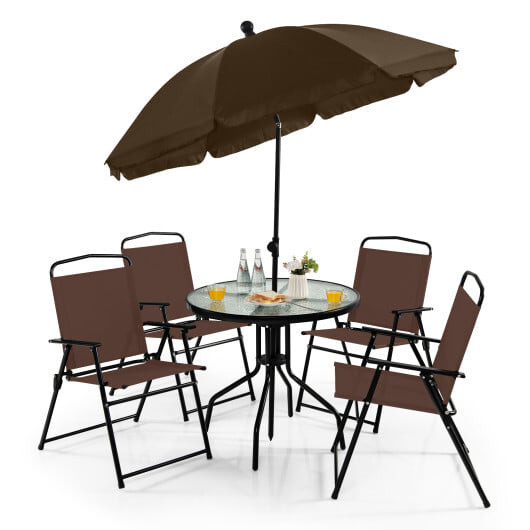 6 Pieces Patio Dining Set Folding Chairs Glass Table Tilt Umbrella for Garden-Coffee - Color: Coffee D681-NP11803CF