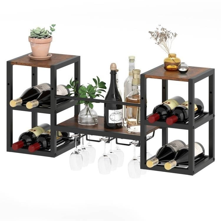 Industrial Wood Metal Wall Mounted Wine Rack Shelf with Glass Holders Q280-HDWRC78936