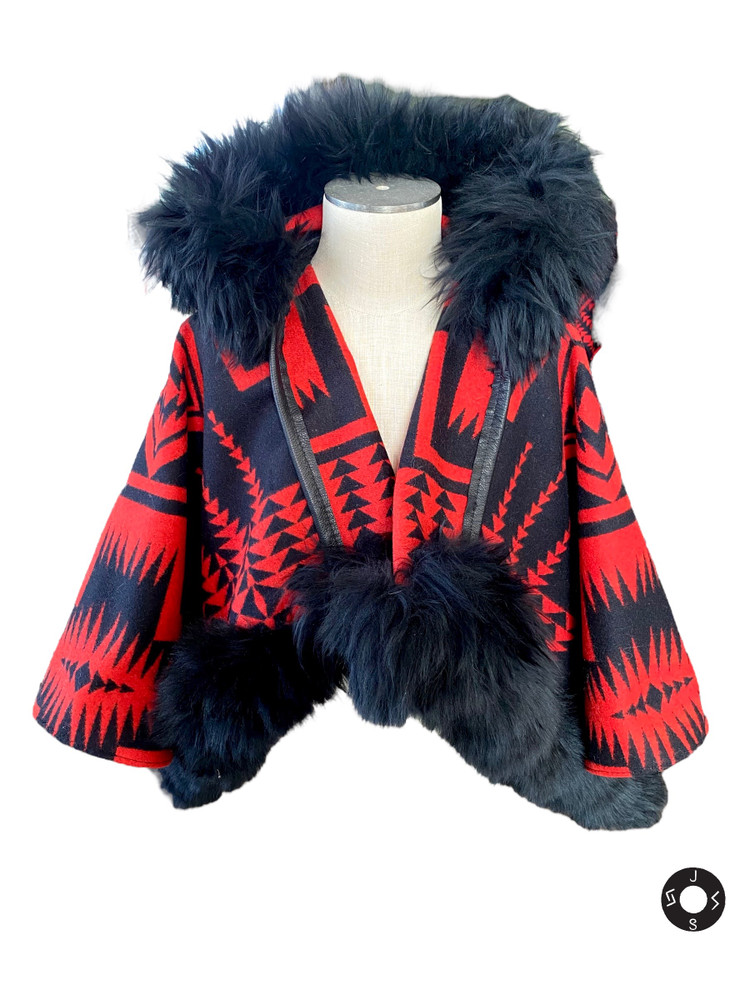 Mountain Capelet in Walking Rock Red, Black Leather and Sheepskin