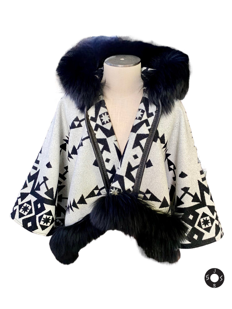 Mountain Capelet in Condensed Black & White, Black Leather and Sheepskin