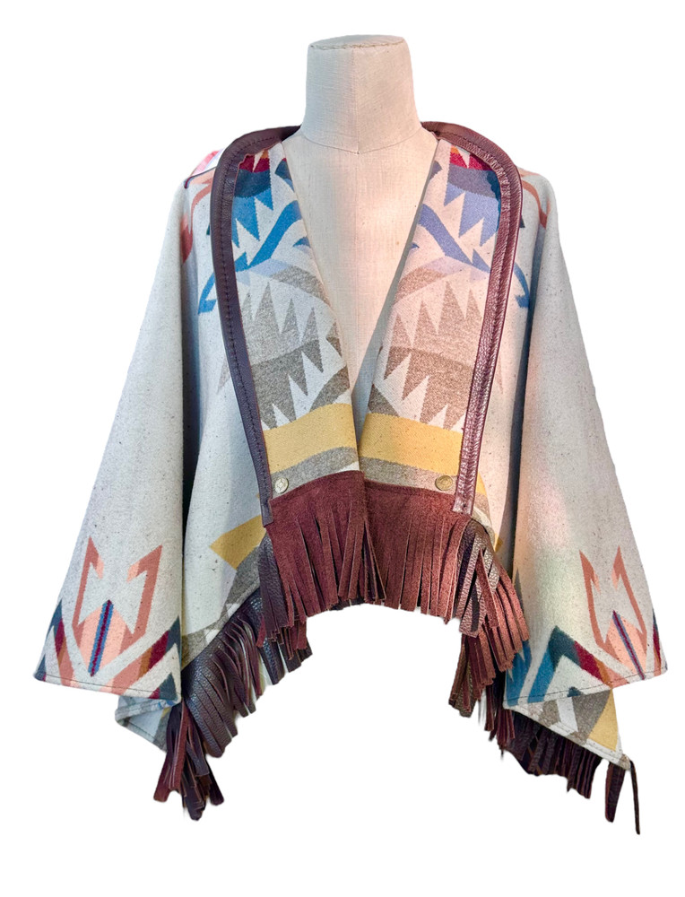 "Outlaw" Capelet in White Sands, Wine Leather Trim "Outlaw" Capelet in White Sands, Wine Leather Trim