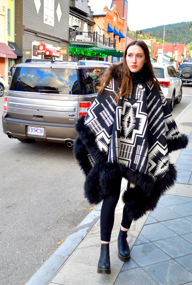 Walking Rock Black & White Riding Poncho – Pendleton® Wool with Full Sheepskin Trim