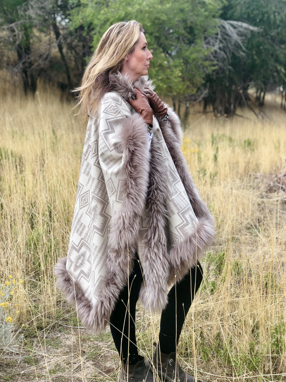 Harding Tonal Riding Poncho | Pendleton® Wool with Sheepskin Trim
