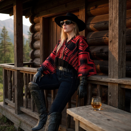 Outlaw Western Capelet – Walking Rock Red & Black, Pendleton Wool Fringe Jacket | American Made Outlaw Western Capelet – Walking Rock Red & Black, Pendleton Wool Fringe Jacket | American Made