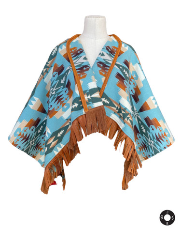 "Outlaw" Capelet in Tucson Aqua, British Tan Leather Trim "Outlaw" Capelet in Tucson Aqua, British Tan Leather Trim