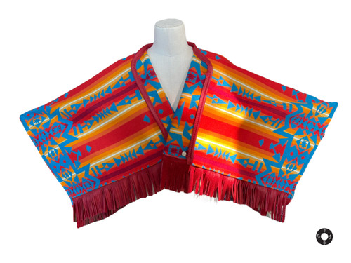 "Outlaw" Capelet in Condensed Turquoise Fireside, Red Leather Trim