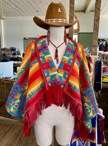 "Outlaw" Capelet in Condensed Turquoise Fireside, Red Leather Trim "Outlaw" Capelet in Condensed Turquoise Fireside, Red Leather Trim