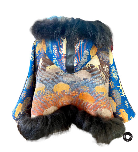 Mountain Capelet in Land of the Buffalo, Brown Leather and Icelandic Sheepskin