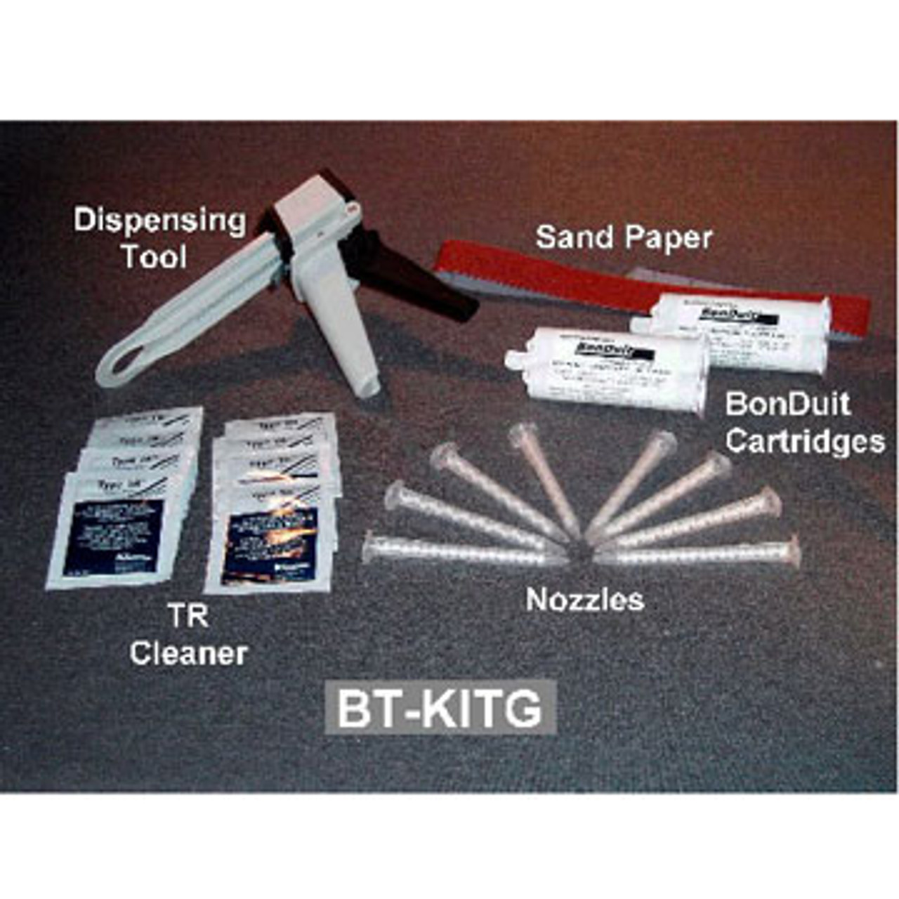 PW BT-KITG Conduit Adhesive Kit w/Tool for Dispensing.  Kit Contains:  2 Adhesive Cartridges, 8 Mixing Nozzles, 1 Strip of Sanding Cloth, 8 TR-1 Cleaning Wipes and 1 dispensing Tool