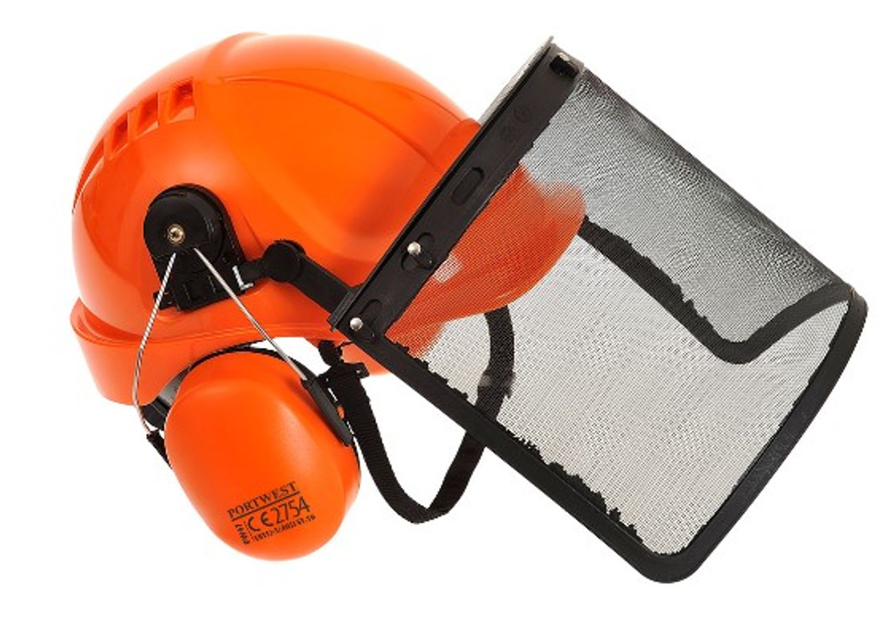 Portwest Forestry Combi Kit with ABS Safety Hard Hat with Wheel Ratchet, Reinforced Visor, and Clip-On Ear-Muffs, Orange