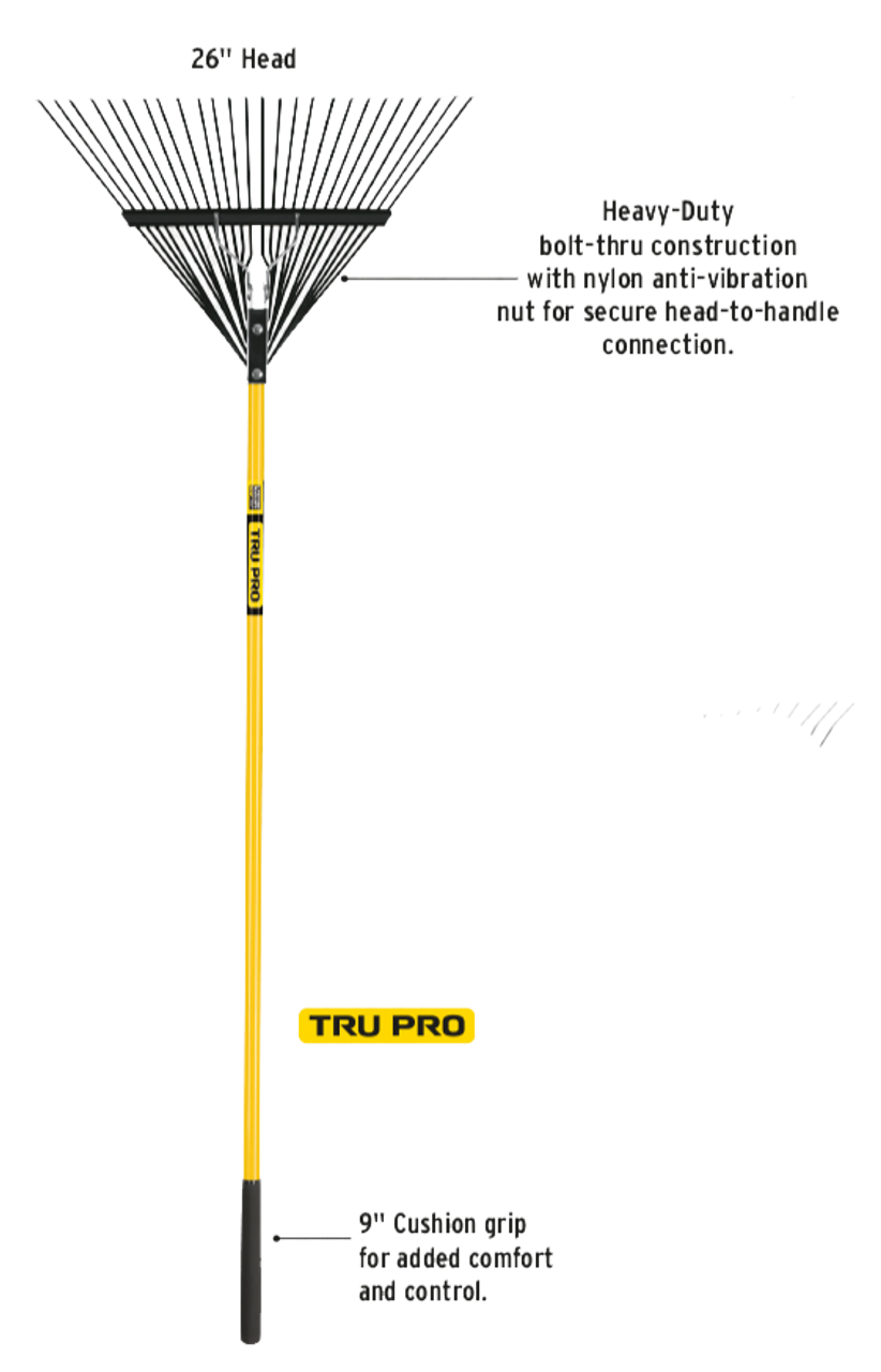 Truper Steel Leaf Rake, 26in Head, Fiberglass Handle, 9in Grip EMX-26F