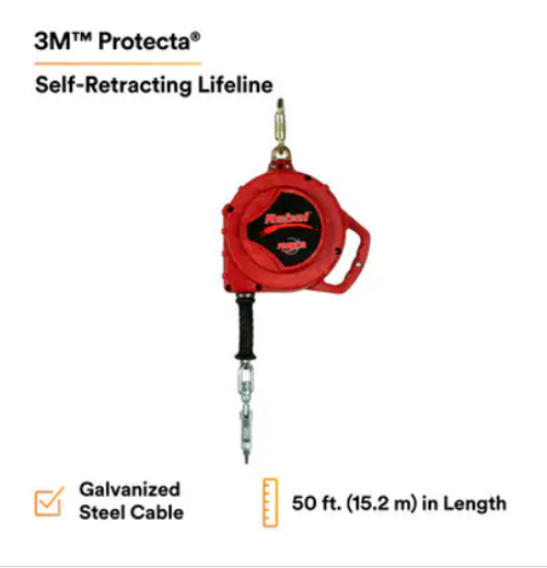 3M Rebel Self-Retracting Lifeline (SRL), 50', 5mm Galvanized Cable, Thermoplastic Housing, Carabiner