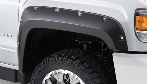 15-18 GMC Sierra 2500HD/3500HD Front 2pc Pocket/Rivet Style Fender Flares Black Smooth Finish - Bushwacker Flares