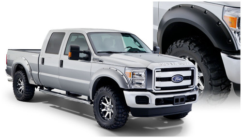 08-10 Ford F250SD/F350SD 4pc Set Pocket/Rivet Style Fender Flares Black Smooth Finish - Bushwacker Flares