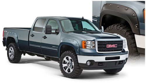 07-10 GMC Sierra 2500HD/3500HD Boss 4pc Set Pocket/Rivet Style Fender Flares Black Smooth Finish - Bushwacker Flares