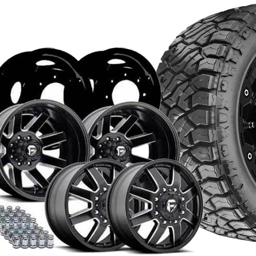 Dually Tire & Wheel Package | 5X12.50R20F Venom Power RT Plus / Maverick Black & Machined