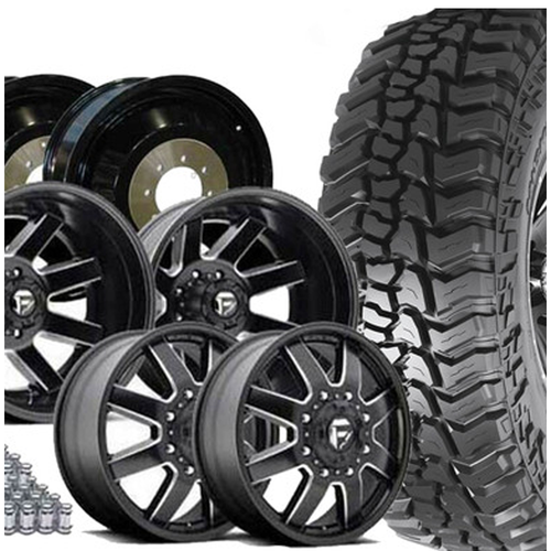 Dually Tire & Wheel Package | 33X12.50R20F (33x12.50R20) Baja Boss MT / Maverick Blk & Machined