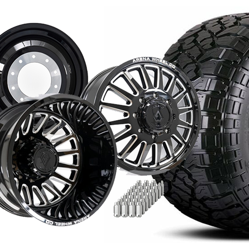 Dually Tire & Wheel Package | 35x12.50r24F Kenda Klever RT / Arena Rival Black/Milled Package