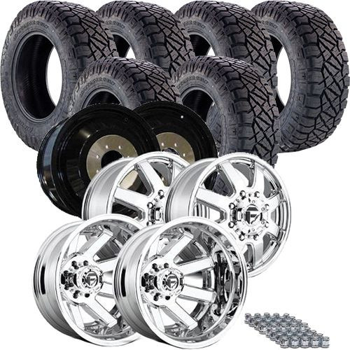Dually Tire & Wheel Package | 35x12.50r20F Nitto Ridge Grappler / Fuel Maverick Chrome