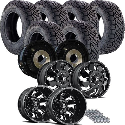 Dually Tire & Wheel Package | 33x12.50r20F Nitto Ridge Grappler / Fuel Cleaver Black Milled