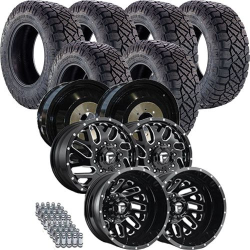 Dually Tire & Wheel Package | 33x12.50r20F Nitto Ridge Grappler / Fuel Triton Black Milled
