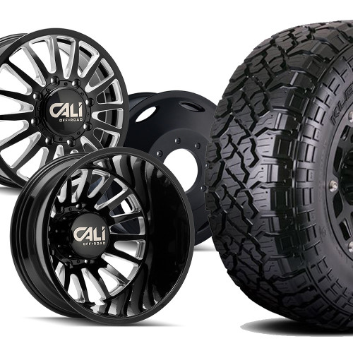 Dually Tire & Wheel Package | 35x12.50r20F Kenda Klever RT / Cali 9110D Summit Gloss Black/Milled