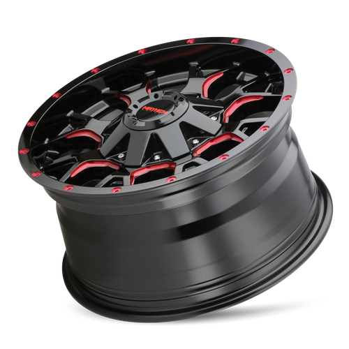 20x9 5x5 5BS 8015 Warrior Black w/Prism Red - Mayhem Wheels