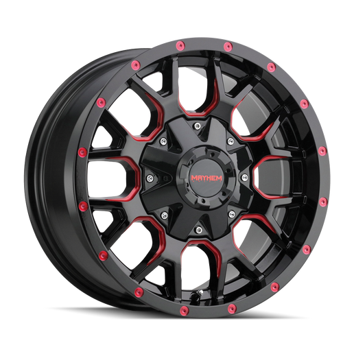 18x9 5x5 5.71BS 8015 Warrior Black w/Prism Red - Mayhem Wheels
