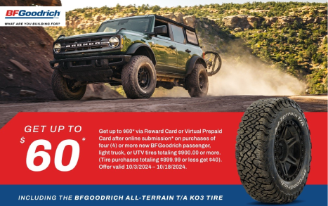 BFGoodrich Fall Rebate: Get up to $60 via Reward Card or Virtual Prepaid Card > Ends 10/18/24