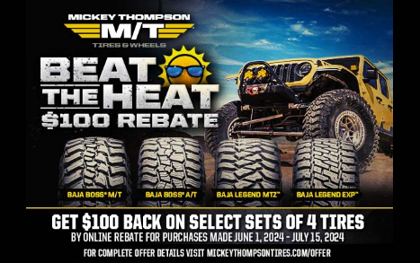 Online Rebate: Get $100 back on select sets of 4 Mickey Thompson tires