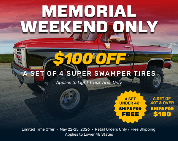 $100 OFF Super Swamper Tires + Free Shipping on A Set of Tires Under 40-inches