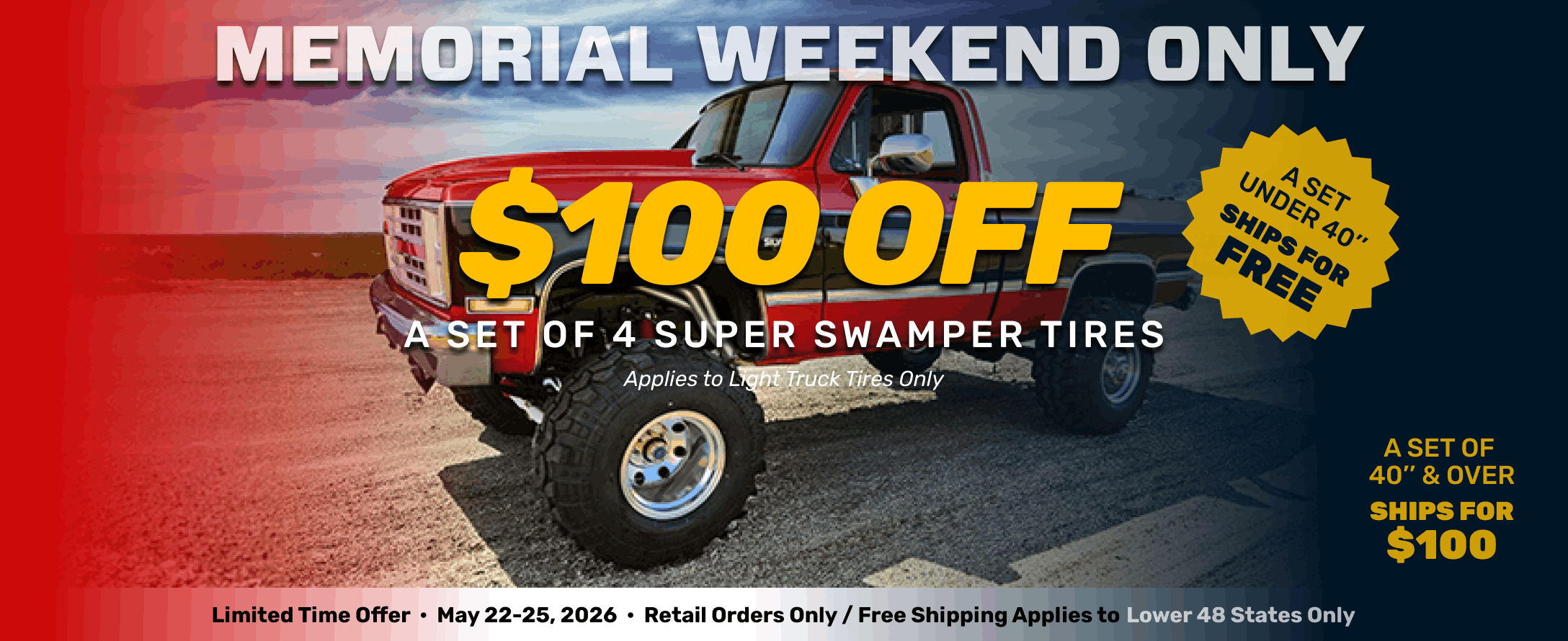 $100 OFF Super Swamper Tires + Free Shipping on A Set of Tires Under 40-inches