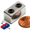 N45 neodymium bar magnet 1 inch x 0.5 inch x 0.5 inch with six #6 countersunk holes, magnetized thru sides, rare earth NdFeB alloy with NiCuNi plating for industrial and DIY use