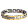 <img src=" mens silver titanium  & Gold color  magnet bracelet .png" alt="casual magnetic therapy jewelry   Front view         Novoa Men's Quad-Element Satin Titanium Magnetic Bracelet With Gold Accents - 12,800 Gauss B430J ">