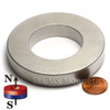 Strong N42 ring magnet 3" outer diameter x 1/2" thick nickel coated NdFeB for industrial and DIY use side angle