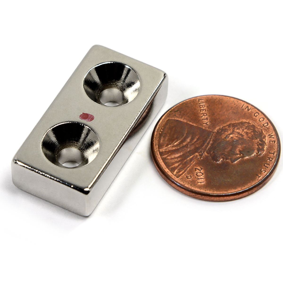 N45 neodymium block magnet 1x1/2x3/16 inch with two #6 countersunk holes and shiny nickel coating