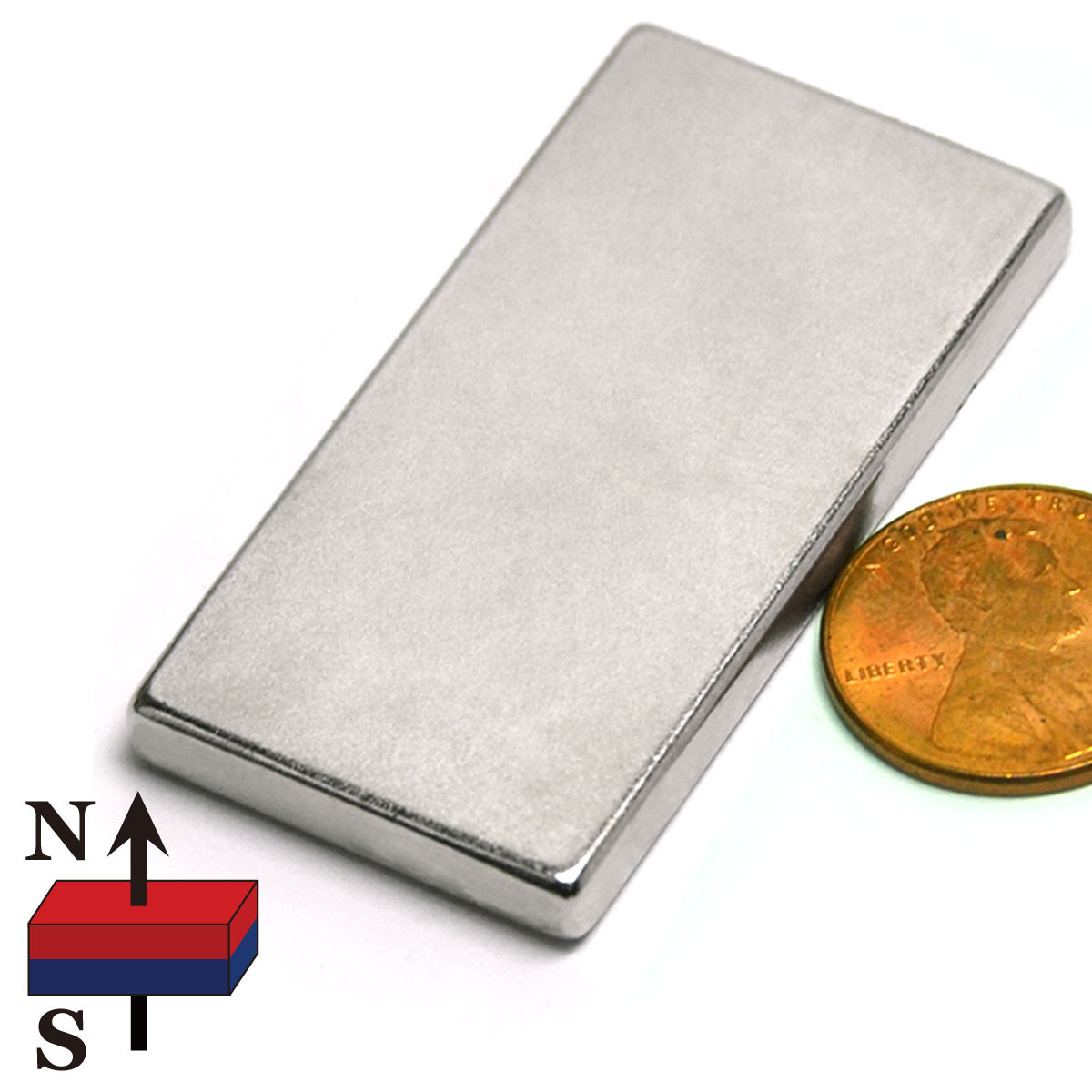 Strong N52 neodymium block magnet 2x1x3/16 inch with 32 LB pull force - rare earth magnet front view