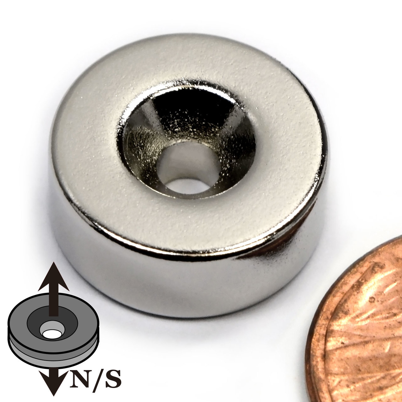 N52 Neodymium Disc Magnet 5/8x1/4 with #6 Countersunk Hole - Top View