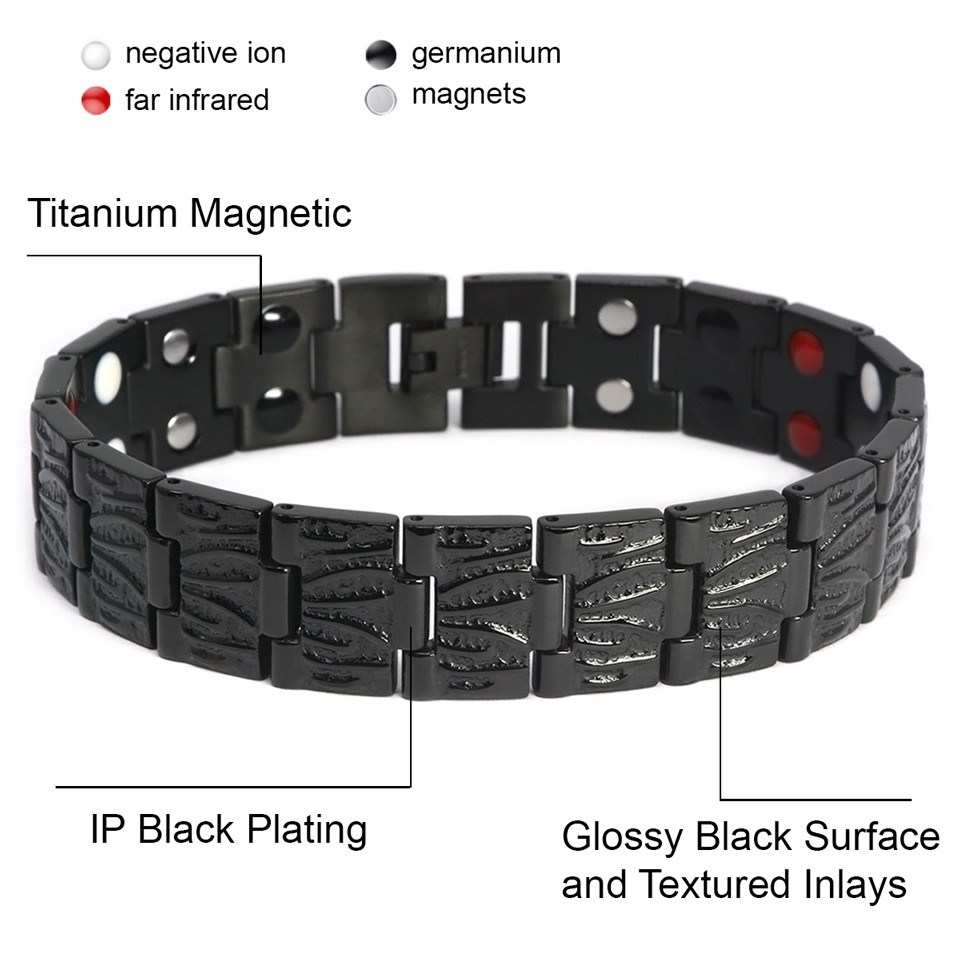 <img src="mens  magnetic bracelet .png" alt="casual magnetic therapy jewelry  strong  front view   Novoa Men's Quad-Element Polished Silver Titanium Magnetic Bracelet with Carbon Fiber Inlays  ">