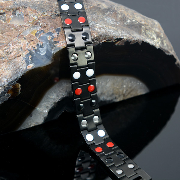 <img src="mens  magnetic bracelet .png" alt="casual magnetic therapy jewelry  strong  side view   Novoa Men's Quad-Element Polished Silver Titanium Magnetic Bracelet with Carbon Fiber Inlays  ">
