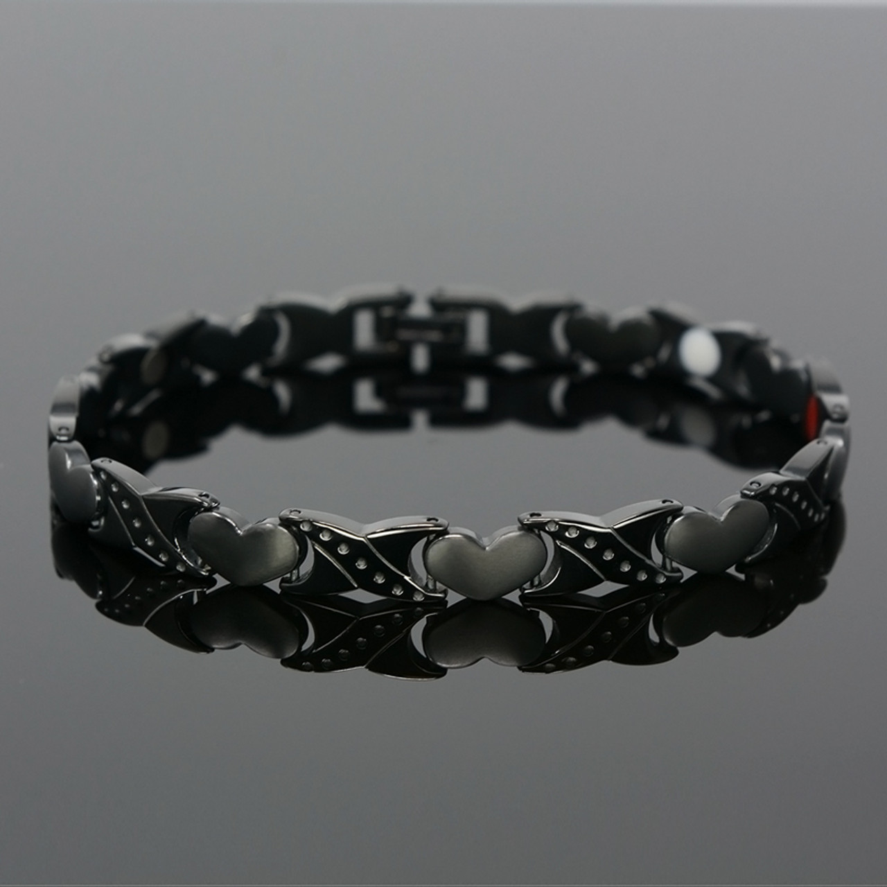 <img src=" womens Black Titanium magnet bracelet .png" alt="Quad-Element Titanium Two-Tone Gloss Black Magnetic Bracelet with Satin Accents - 12,800 Gauss B428QD       ">