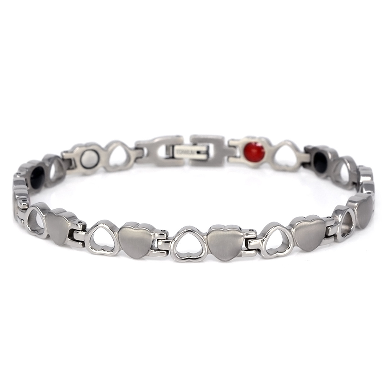 <img src=" womens  silver heart magnet bracelet .png" alt="casual magnetic therapy jewelry  strong  front view  Magnetic bracelet Novoa Women 's  Silver Heart Magnetic B185