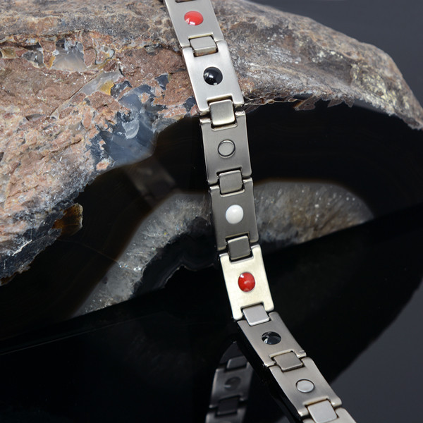 <img src="mens  magnetic bracelet .png" alt="casual magnetic therapy jewelry  strong  front view    Magnetic Bracelet Novoa Men's Quad-Element Satin Stainless  B072J   Novoa Men's Quad-Element Polished Silver Titanium Magnetic Bracelet with Carbon Fiber Inlays  ">
