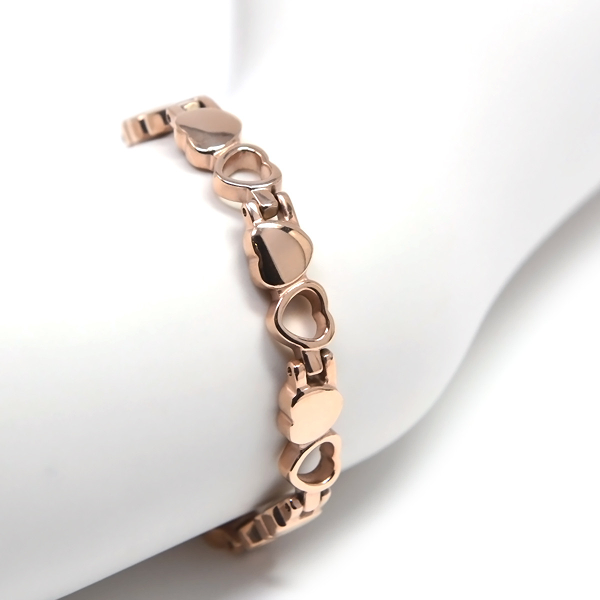 <img src=" womens  gold color magnet bracelet .png" alt="casual magnetic therapy jewelry  side view Magnetic  bracelet Jewelry Quad-Element Titanium Rose Gold  B185QM worn ">